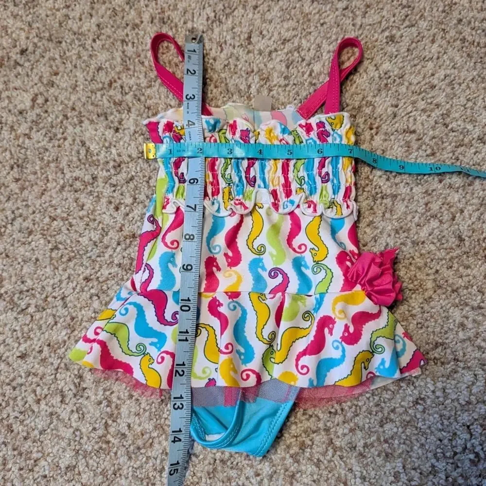 RUGGED BEAR seahorsel ruffled baby girls swim suit, 24 mos/2T